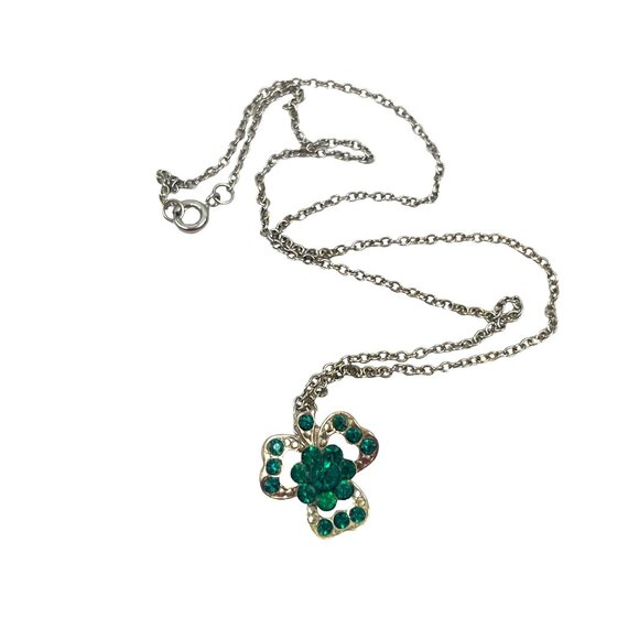 Vintage Four-Leaf Clover Necklace With Green Rhinestones & Silver Chain - Picture 3 of 6